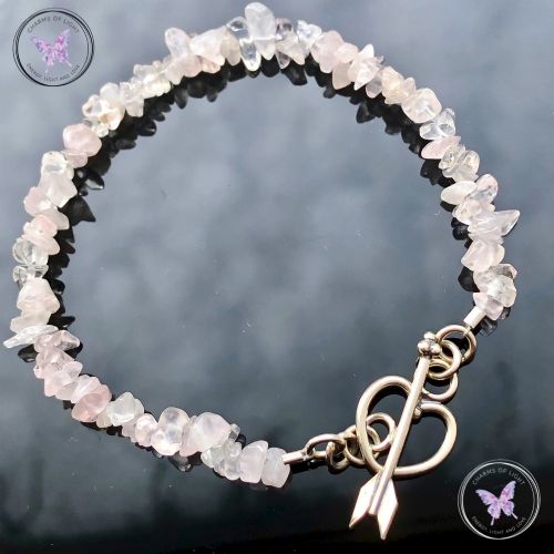 Rose Quartz Chip Bracelet with Silver Heart Toggle Clasp